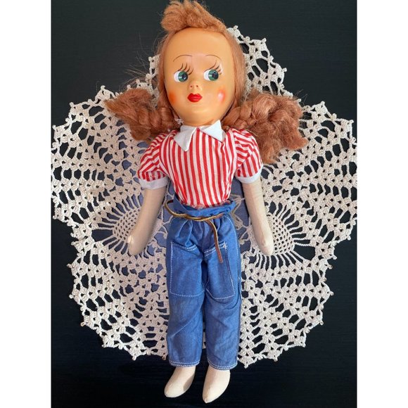 VINTAGE CLOTH DOLL - Celluloid Painted Face - 1950s - Red Hair - Green Eyes - Picture 2 of 8